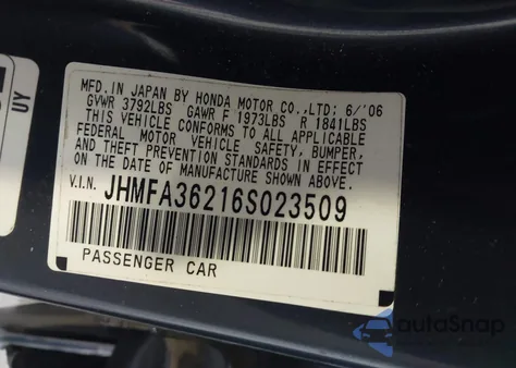 2006 Honda Civic Hybrid from USA, damaged, VIN JHMFA36216S023509